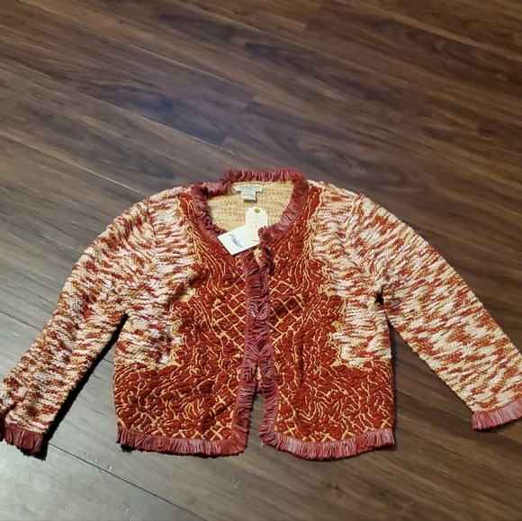 Lucky Brand Sweaters - Lucky Brand Red and Cream Marled Pattern Fringe Trim Open Front Cropped Cardigan